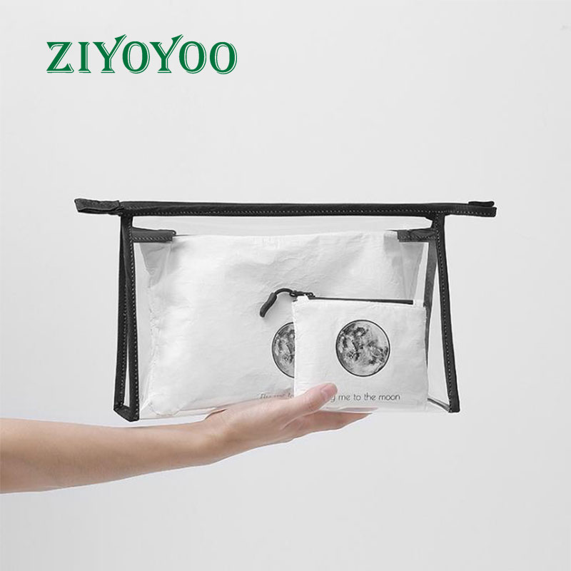 2022 Designer Luxury Clear Cover Washable Kraft Paper Fabric 3 Cosmetic Bags In One Set