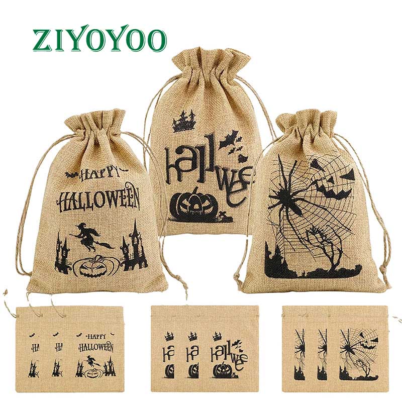 Reusable Kids Halloween Party Snack Candy Packing Jute Burlap Drawstring Pouch Bag,linen burlap jute drawstring bag custom