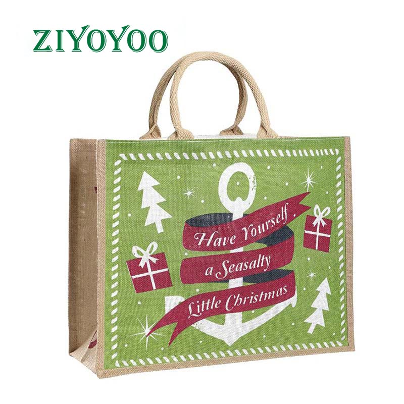 Reusable Eco Christmas Santa Personalized CMYK Digital Printing Fashion Green Jute Shopping Shoulder Tote Bag