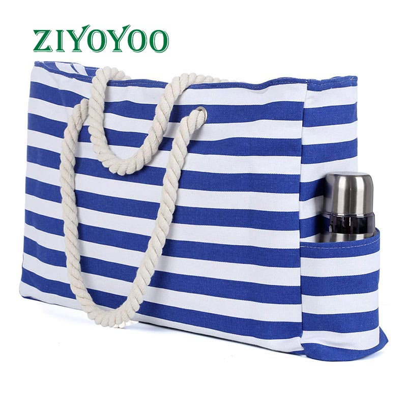 Striping Private Label 2021 Creative Luxury Tote Large Summer Custom Canvas Beach Bag With Zipper, Designer Beach Women Tote Bag