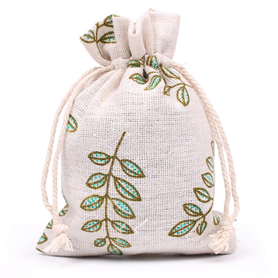 Leaf Print Jute Drawstring Bag
